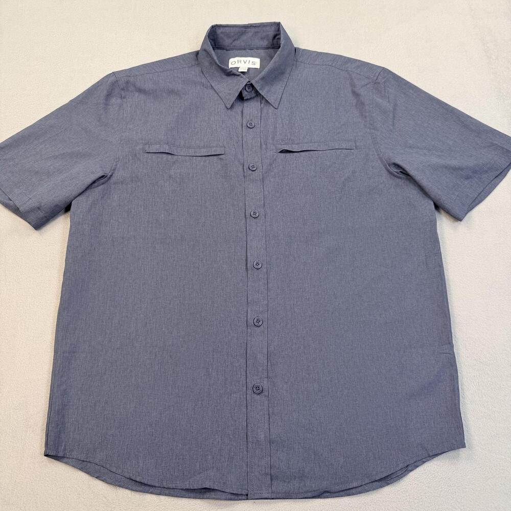 Orvis Shirt Mens Large Blue Hiking Short Sleeve Pockets Button Up Casual